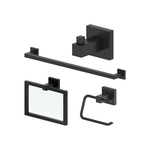 ZLINE Bliss Bathroom Accessories Package with Towel Rail, Hook, Ring and Toilet Paper Holder in Matte Black