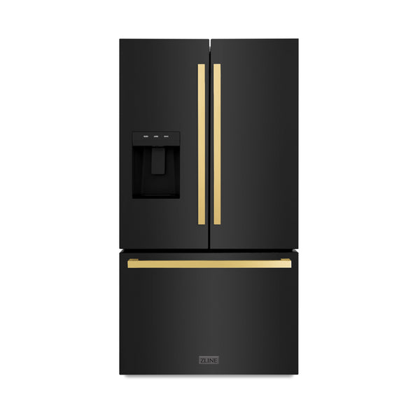 ZLINE Autograph Edition 36 in. 28.9 cu. ft. Standard-Depth French Door External Water Dispenser Refrigerator with Dual Ice Maker in Black Stainless Steel and Polished Gold Square Handles (RSMZ-W-36-BS-FG)