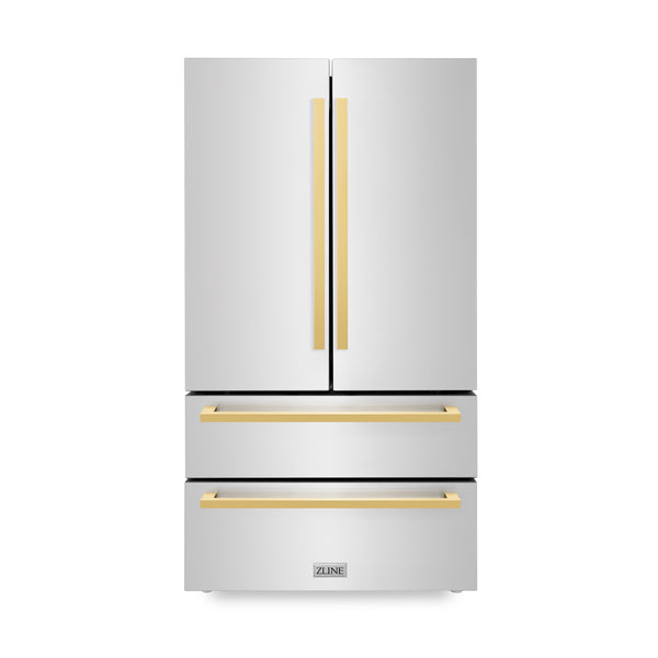 ZLINE 36 in. Autograph Edition 22.5 cu. ft 4-Door French Door Refrigerator with Ice Maker in Stainless Steel with Polished Gold Square Handles (RFMZ-36-FG)