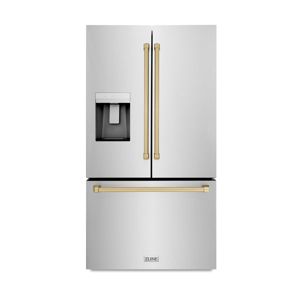 ZLINE Autograph Edition 36 in. 28.9 cu. ft. Standard-Depth French Door External Water Dispenser Refrigerator with Dual Ice Maker in Fingerprint Resistant Stainless Steel and Champagne Bronze Handles (RSMZ-W-36-CB)