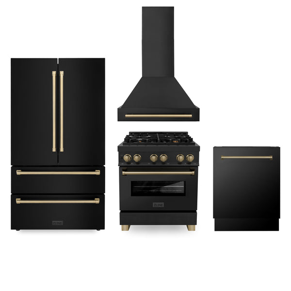 ZLINE 30" Autograph Edition Kitchen Package with Black Stainless Steel Dual Fuel Range, Range Hood, Dishwasher and Refrigeration with Champagne Bronze Accents