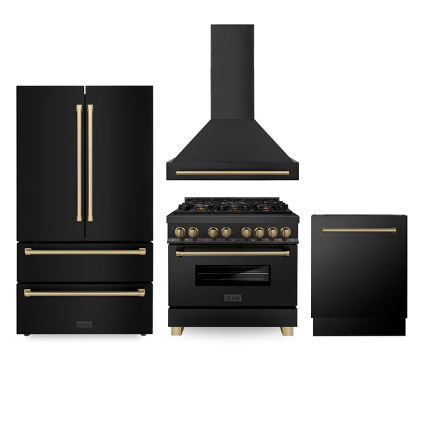 ZLINE 36" Autograph Edition Kitchen Package with Black Stainless Steel Dual Fuel Range, Range Hood, Dishwasher and Refrigeration with Champagne Bronze Accents