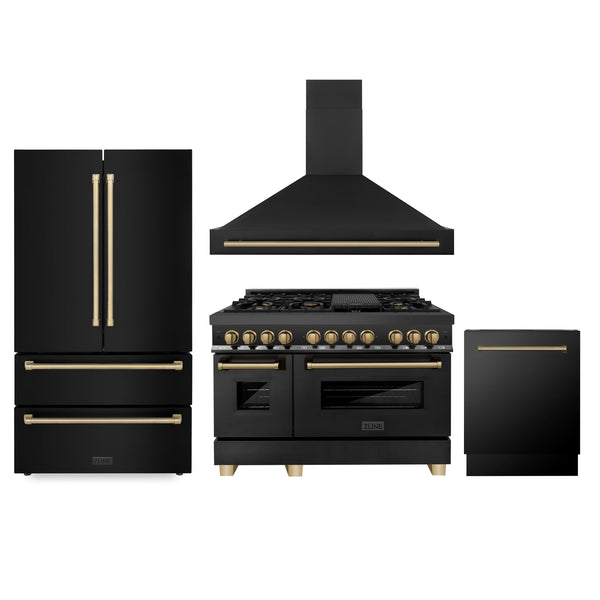 ZLINE 48" Autograph Edition Kitchen Package with Black Stainless Steel Dual Fuel Range, Range Hood, Dishwasher and Refrigeration with Champagne Bronze Accents