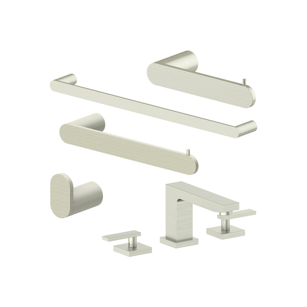 ZLINE Crystal Bay Bathroom Package with Faucet, Towel Rail, Hook, Ring and Toilet Paper Holder in Brushed Nickel