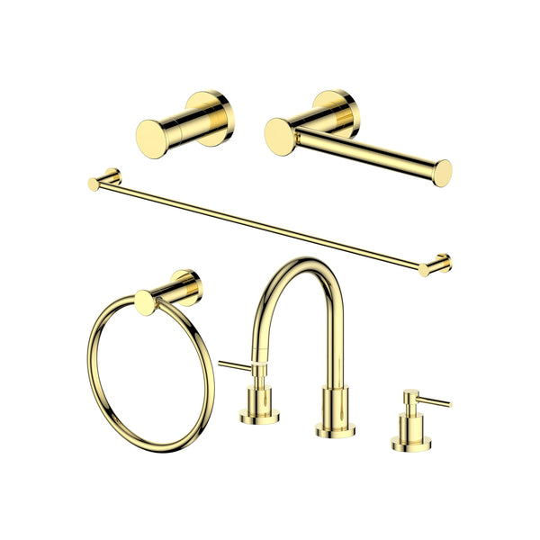 ZLINE Emerald Bay Bathroom Package with Faucet, Towel Rail, Hook, Ring and Toilet Paper Holder in Polished Gold