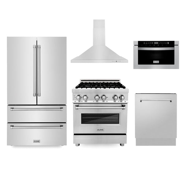 ZLINE Kitchen Package with Refrigeration, 30" Stainless Steel Dual Fuel Range, 30" Range Hood, Microwave Drawer, and 24" Tall Tub Dishwasher