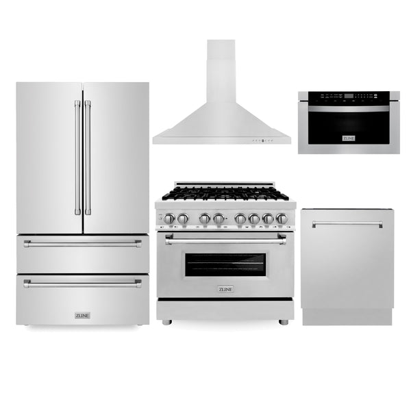 ZLINE Kitchen Package with Refrigeration, 36" Stainless Steel Dual Fuel Range, 36" Range Hood, Microwave Drawer, and 24" Tall Tub Dishwasher