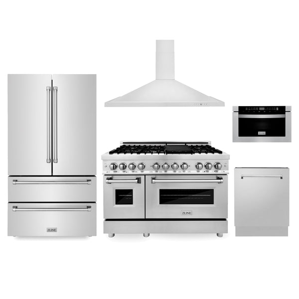 ZLINE Kitchen Package with Refrigeration, 48" Stainless Steel Dual Fuel Range, 48" Range Hood, Microwave Drawer, and 24" Tall Tub Dishwasher