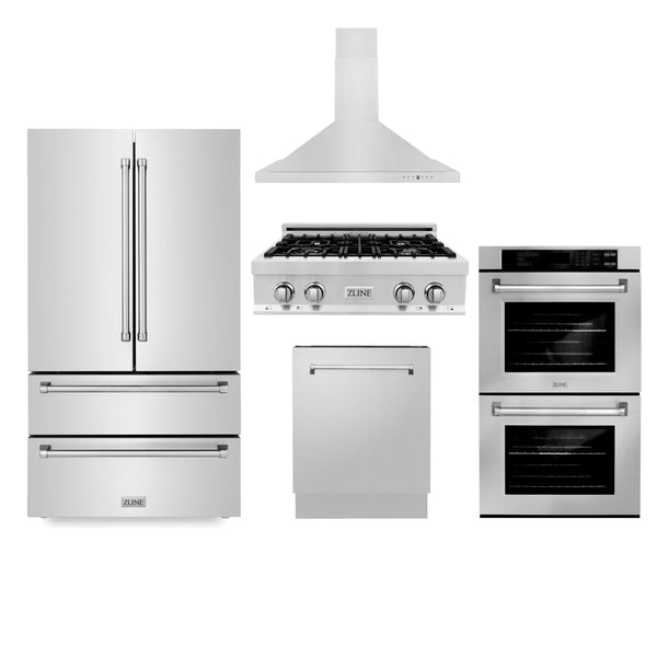 ZLINE Kitchen Package with Refrigeration, 30" Stainless Steel Rangetop, 30" Range Hood, 30" Double Wall Oven and 24" Tall Tub Dishwasher