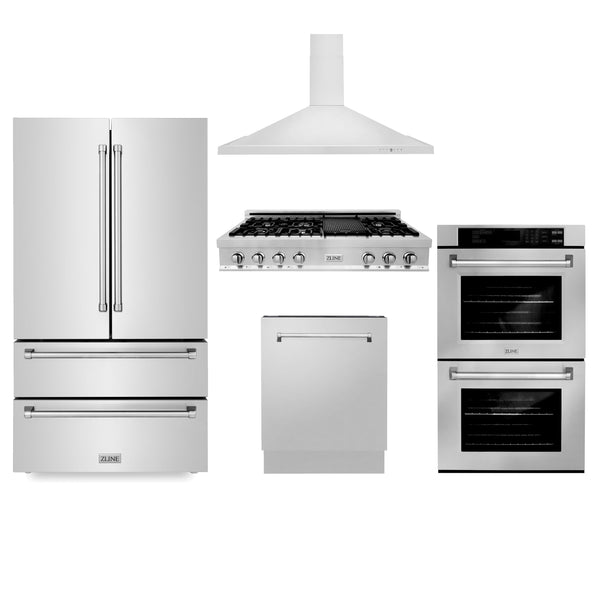 ZLINE Kitchen Package with Refrigeration, 48" Stainless Steel Rangetop, 48" Range Hood, 30" Double Wall Oven and 24" Tall Tub Dishwasher