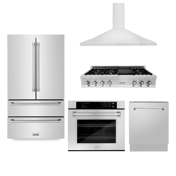 ZLINE Kitchen Package with Refrigeration, 48" Stainless Steel Rangetop, 48" Range Hood, 30" Single Wall Oven and 24" Tall Tub Dishwasher