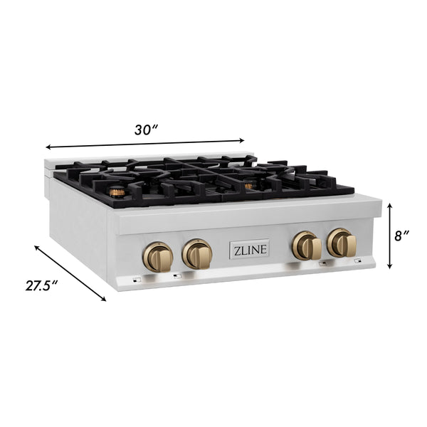 ZLINE Autograph Edition 30" Porcelain Rangetop with 4 Gas Burners in Fingerprint Resistant Stainless Steel and Matte Black Accents (RTSZ-30-MB)