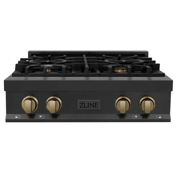 ZLINE Autograph Edition 30" Porcelain Rangetop with 4 Gas Burners in Black Stainless Steel and Polished Gold Accents (RTBZ-30-G)