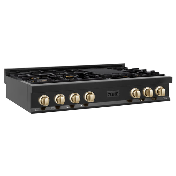 ZLINE Autograph Edition 48" Porcelain Rangetop with 7 Gas Burners in Black Stainless Steel and Polished Gold Accents (RTBZ-48-G)