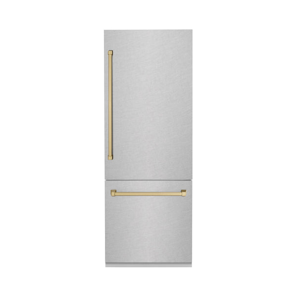 ZLINE 30” Autograph Edition 16.1 cu. ft. Built-in 2-Door Bottom Freezer Refrigerator with Internal Water and Ice Dispenser in Fingerprint Resistant Stainless Steel with Champagne Bronze Accents