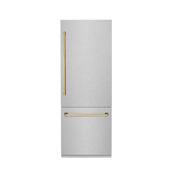 ZLINE 30” Autograph Edition 16.1 cu. ft. Built-in 2-Door Bottom Freezer Refrigerator with Internal Water and Ice Dispenser in Fingerprint Resistant Stainless Steel with Polished Gold Accents