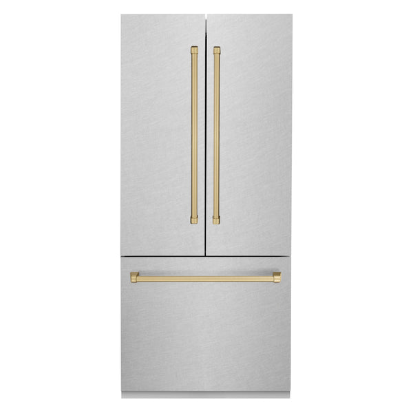 ZLINE 36” Autograph Edition 19.6 cu. ft. Built-in 3-Door French Door Refrigerator with Internal Water and Ice Dispenser in Fingerprint Resistant Stainless Steel with Champagne Bronze Accents