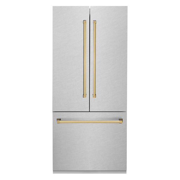 ZLINE 36” Autograph Edition 19.6 cu. ft. Built-in 3-Door French Door Refrigerator with Internal Water and Ice Dispenser in Fingerprint Resistant Stainless Steel with Polished Gold Accents