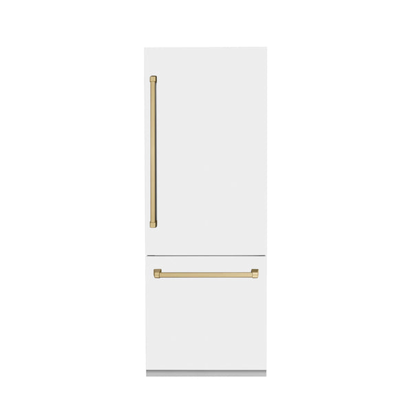 ZLINE 30” Autograph Edition 16.1 cu. ft. Built-in 2-Door Bottom Freezer Refrigerator with Internal Water and Ice Dispenser in White Matte with Champagne Bronze Accents