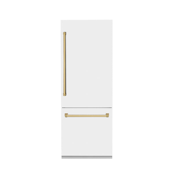 ZLINE 30” Autograph Edition 16.1 cu. ft. Built-in 2-Door Bottom Freezer Refrigerator with Internal Water and Ice Dispenser in White Matte with Polished Gold Accents