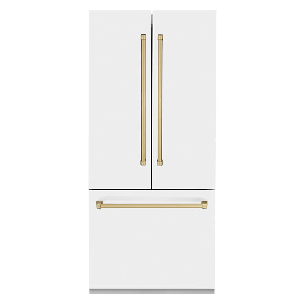 ZLINE 36” Autograph Edition 19.6 cu. ft. Built-in 3-Door French Door Refrigerator with Internal Water and Ice Dispenser in White Matte with Champagne Bronze Accents