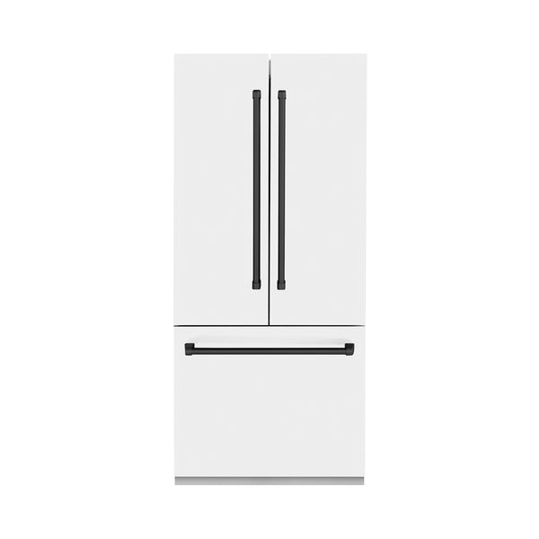 ZLINE 36” Autograph Edition 19.6 cu. ft. Built-in 3-Door French Door Refrigerator with Internal Water and Ice Dispenser in White Matte with Matte Black Accents