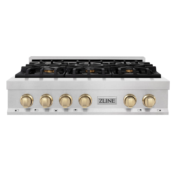 ZLINE Autograph Edition 36" Porcelain Rangetop with 6 Gas Burners in Fingerprint Resistant Stainless Steel and Matte Black Accents (RTSZ-36-MB)