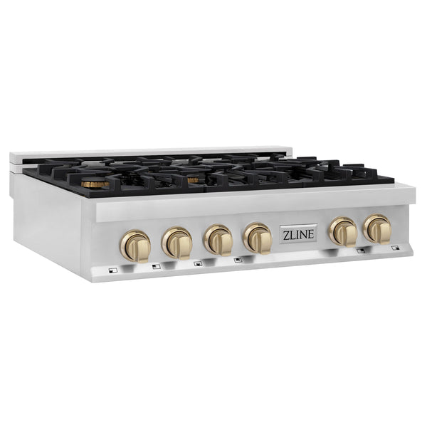 ZLINE Autograph Edition 36" Porcelain Rangetop with 6 Gas Burners in Stainless Steel and Polished Gold Accents (RTZ-36-G)