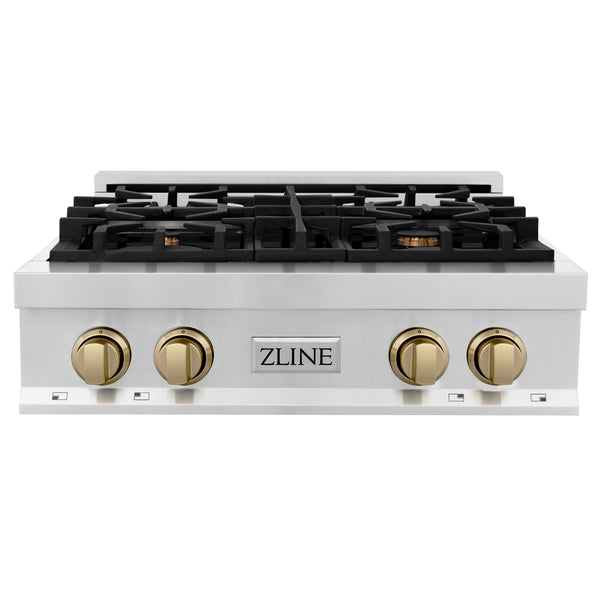 ZLINE Autograph Edition 30" Porcelain Rangetop with 4 Gas Burners in Fingerprint Resistant Stainless Steel and Polished Gold Accents (RTSZ-30-G)