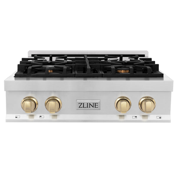 ZLINE Autograph Edition 30" Porcelain Rangetop with 4 Gas Burners in Stainless Steel and Champagne Bronze Accents (RTZ-30-CB)