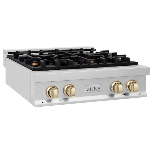 ZLINE Autograph Edition 30" Porcelain Rangetop with 4 Gas Burners in Stainless Steel and Polished Gold Accents (RTZ-30-G)