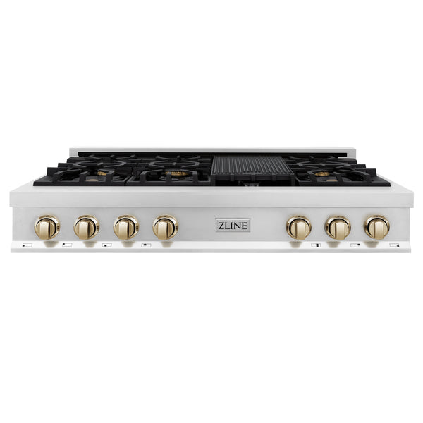 ZLINE Autograph Edition 48" Porcelain Rangetop with 7 Gas Burners in Stainless Steel and Matte Black Accents (RTZ-48-MB)