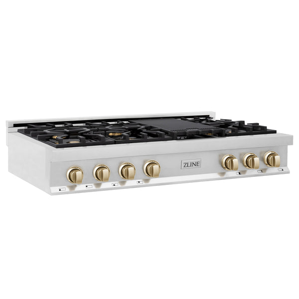 ZLINE Autograph Edition 48" Porcelain Rangetop with 7 Gas Burners in Stainless Steel and Polished Gold Accents (RTZ-48-G)