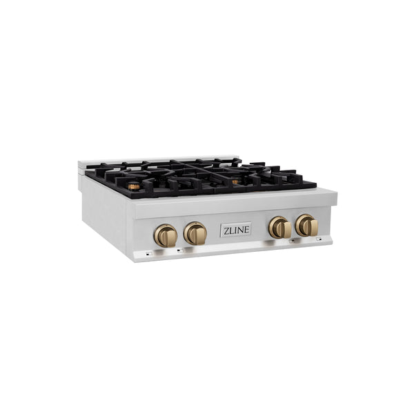 ZLINE Autograph Edition 30" Porcelain Rangetop with 4 Gas Burners in Fingerprint Resistant Stainless Steel and Champagne Bronze Accents (RTSZ-30-CB)